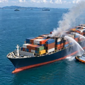 Container ship with smoke rising from the cargo deck while salvage tugs spray water on the hold.