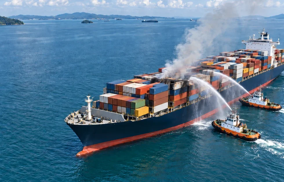 Container ship with smoke rising from the cargo deck while salvage tugs spray water on the hold.