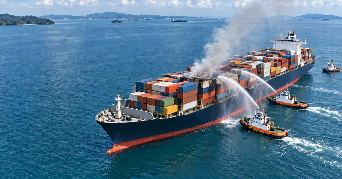 Container ship with smoke rising from the cargo deck while salvage tugs spray water on the hold.